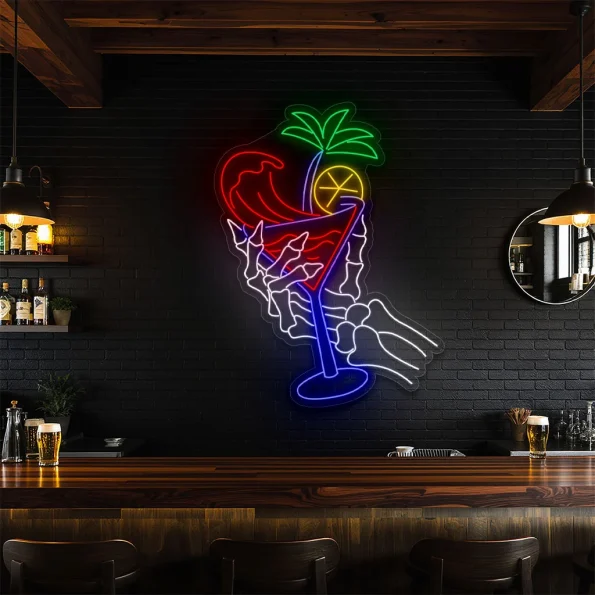 neon sign skeleton hand holding cocktail glass bar decor 6