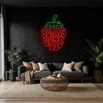 neon sign strawberry shape berry cute text wall decor 1