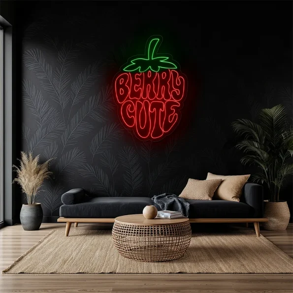 neon sign strawberry shape berry cute text wall decor 3