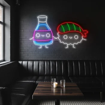 neon sign sushi and soy sauce cute characters japanese food decor 1