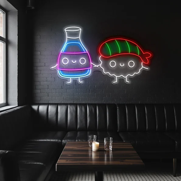 neon sign sushi and soy sauce cute characters japanese food decor 1