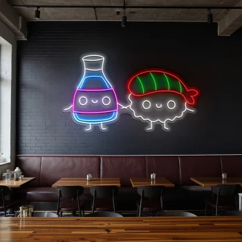 neon sign sushi and soy sauce cute characters japanese food decor 2