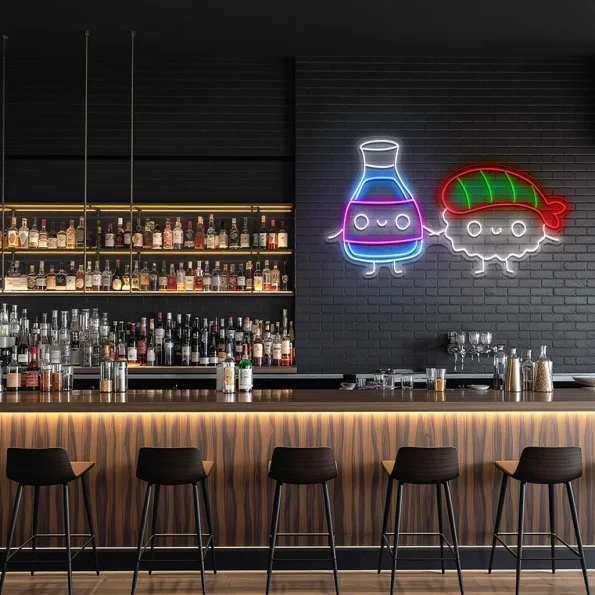 neon sign sushi and soy sauce cute characters japanese food decor 3