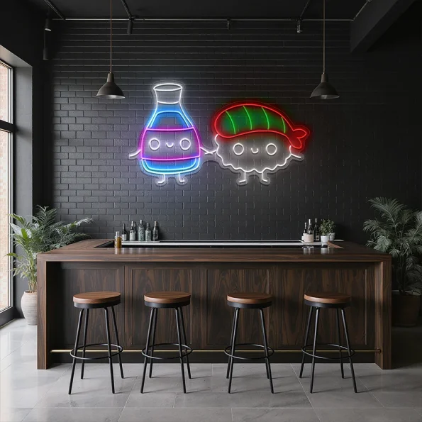 neon sign sushi and soy sauce cute characters japanese food decor 4