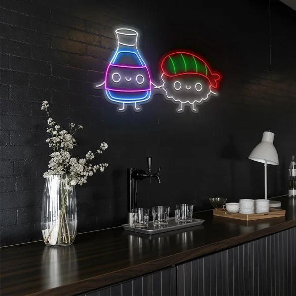 neon sign sushi and soy sauce cute characters japanese food decor 5