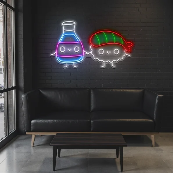 neon sign sushi and soy sauce cute characters japanese food decor 6