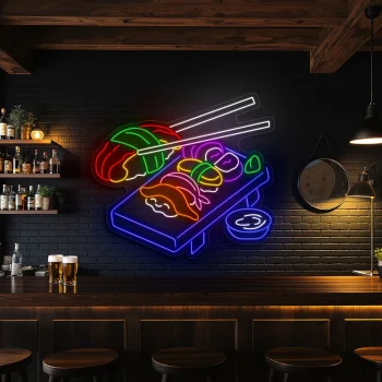 neon sign sushi platter with chopsticks japanese food decor 1
