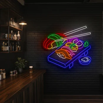neon sign sushi platter with chopsticks japanese food decor 2