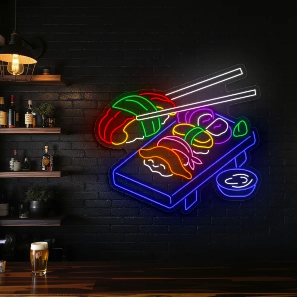 neon sign sushi platter with chopsticks japanese food decor 3
