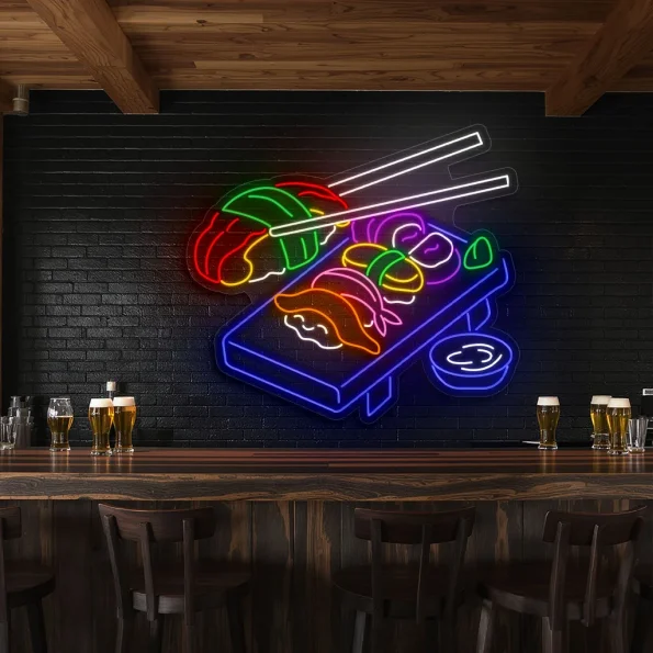 neon sign sushi platter with chopsticks japanese food decor 5