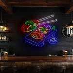 neon sign sushi platter with chopsticks japanese food decor 1