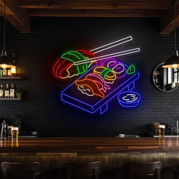 neon sign sushi platter with chopsticks japanese food decor 6