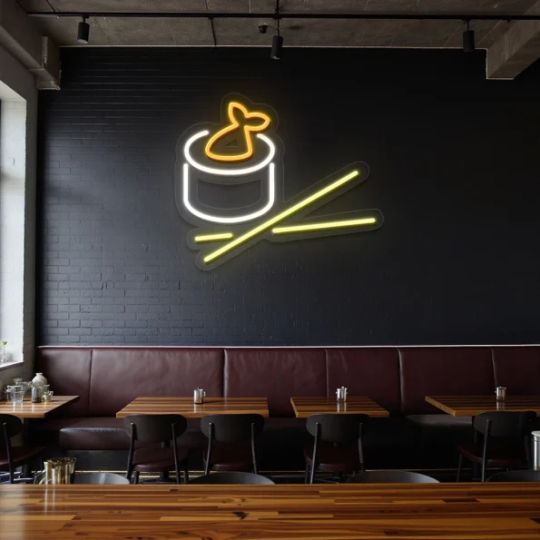 neon sign sushi roll with chopsticks japanese food decor 3