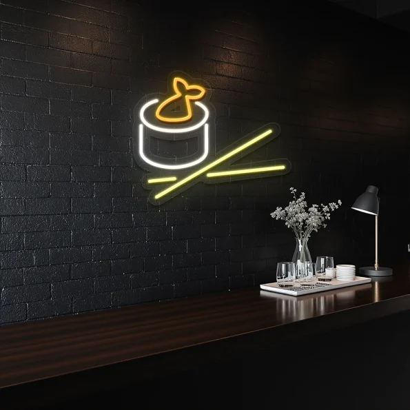 neon sign sushi roll with chopsticks japanese food decor 4