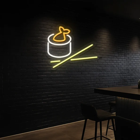 neon sign sushi roll with chopsticks japanese food decor 5
