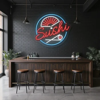 neon sign sushi text with japanese fan and chopsticks for restaur 1