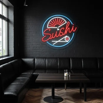 neon sign sushi text with japanese fan and chopsticks for restaur 2