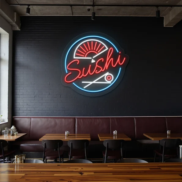 neon sign sushi text with japanese fan and chopsticks for restaur 3