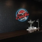 neon sign sushi text with japanese fan and chopsticks for restaur 1