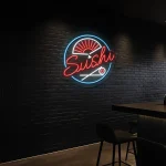 neon sign sushi text with japanese fan and chopsticks for restaur 1