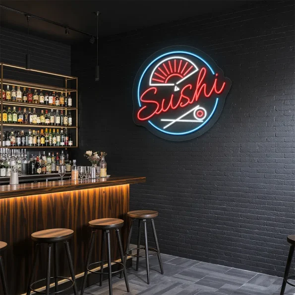 neon sign sushi text with japanese fan and chopsticks for restaur 6