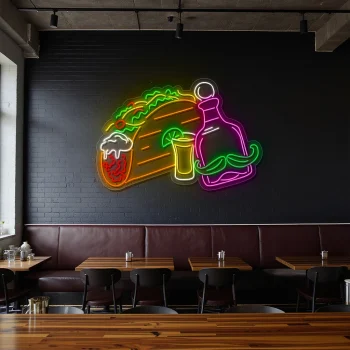 neon sign taco with beer and tequila bottle bar decor 1