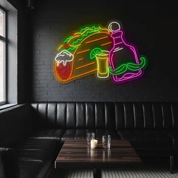 neon sign taco with beer and tequila bottle bar decor 2