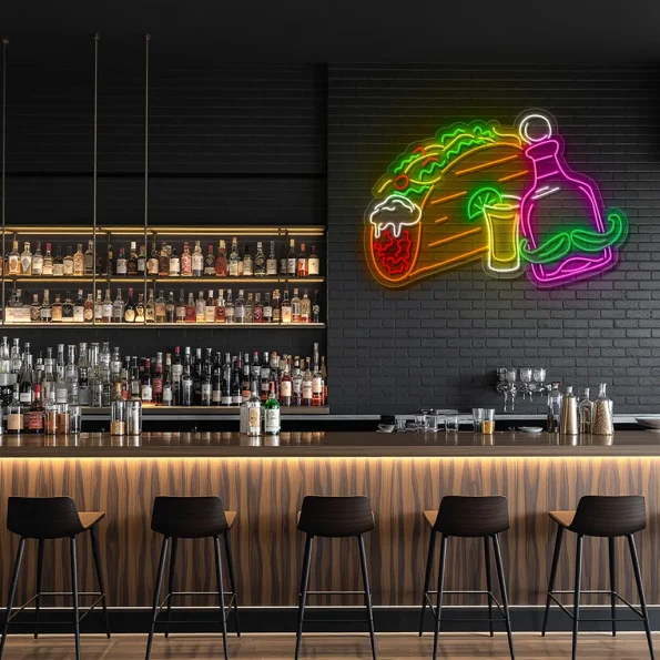 neon sign taco with beer and tequila bottle bar decor 3
