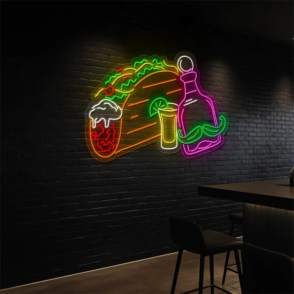 neon sign taco with beer and tequila bottle bar decor 4