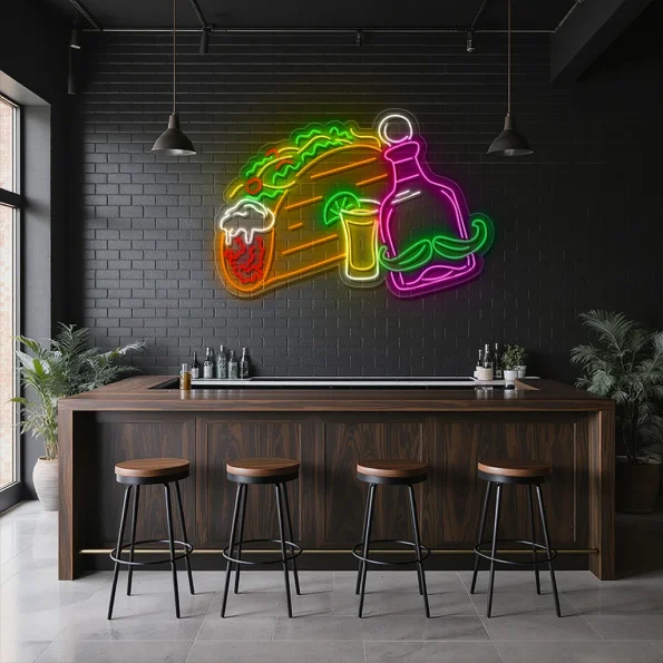 neon sign taco with beer and tequila bottle bar decor 5