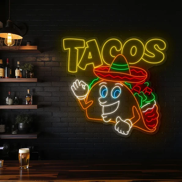 neon sign tacos cartoon character with sombrero for restaurant de 3