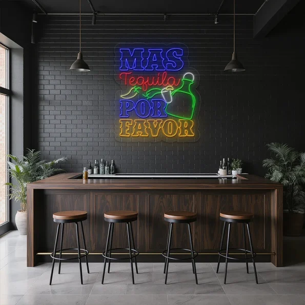 neon sign tequila bottle and chili pepper bar decor 1