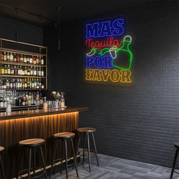 neon sign tequila bottle and chili pepper bar decor 6