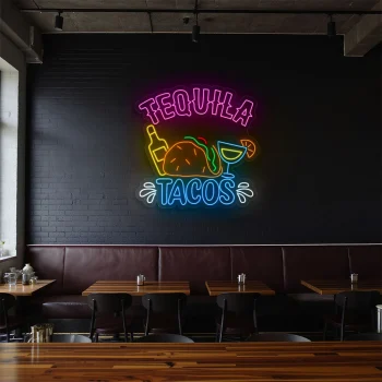 neon sign tequila tacos with bottle and cocktail bar decor 1