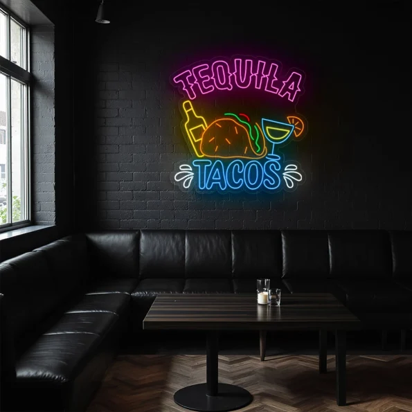 neon sign tequila tacos with bottle and cocktail bar decor 3
