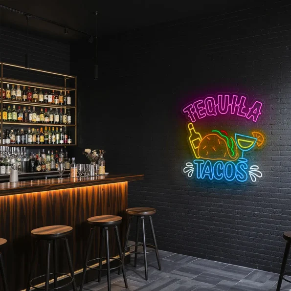 neon sign tequila tacos with bottle and cocktail bar decor 4