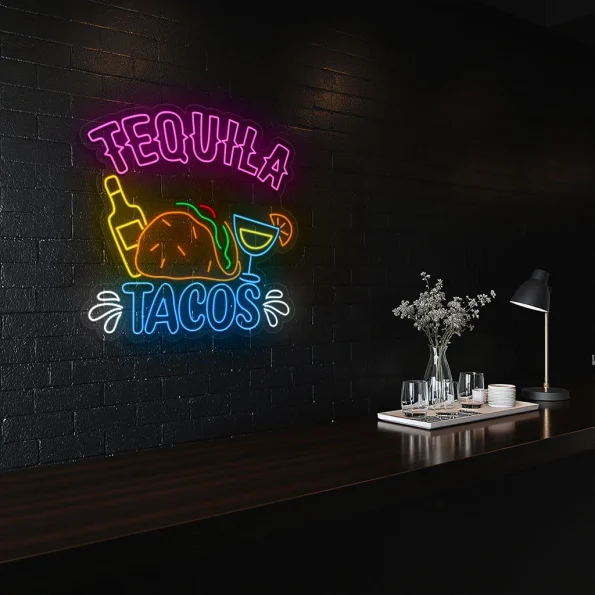 neon sign tequila tacos with bottle and cocktail bar decor 5