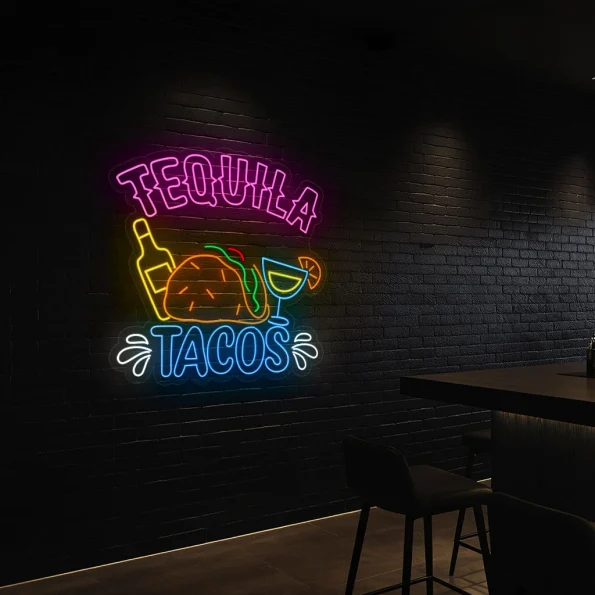 neon sign tequila tacos with bottle and cocktail bar decor 6
