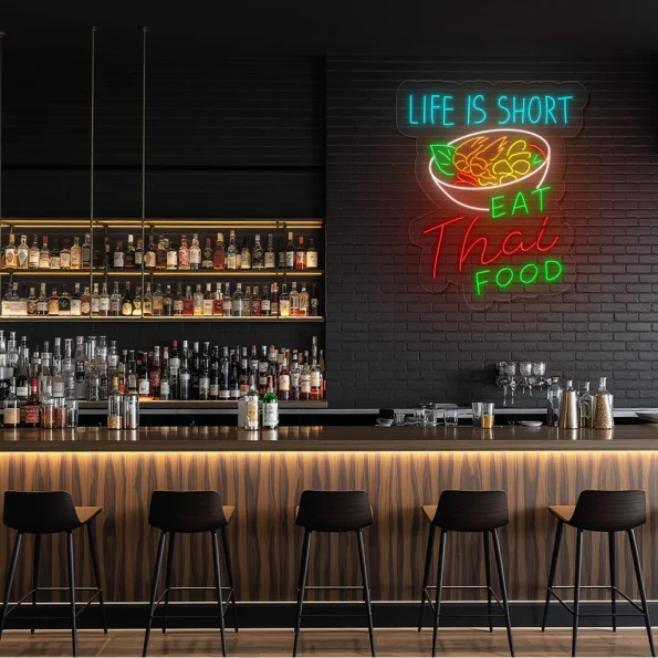 neon sign thai food bowl with life is short text fast food decor 3