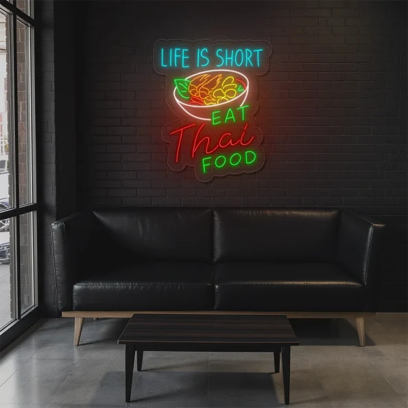 neon sign thai food bowl with life is short text fast food decor 4