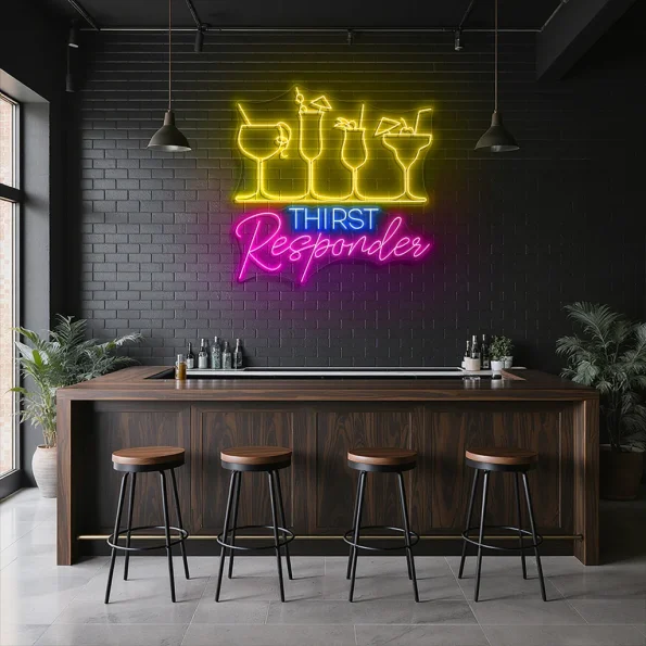 neon sign thirst responder cocktail glasses bar decor 2