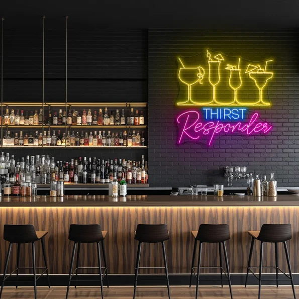 neon sign thirst responder cocktail glasses bar decor 3