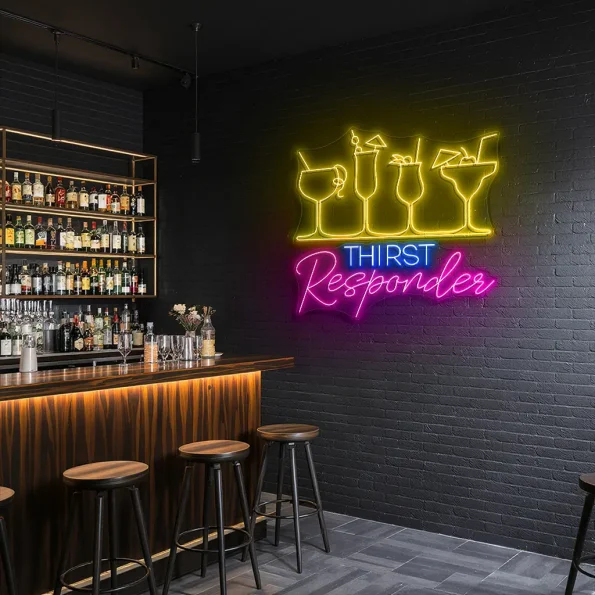 neon sign thirst responder cocktail glasses bar decor 5