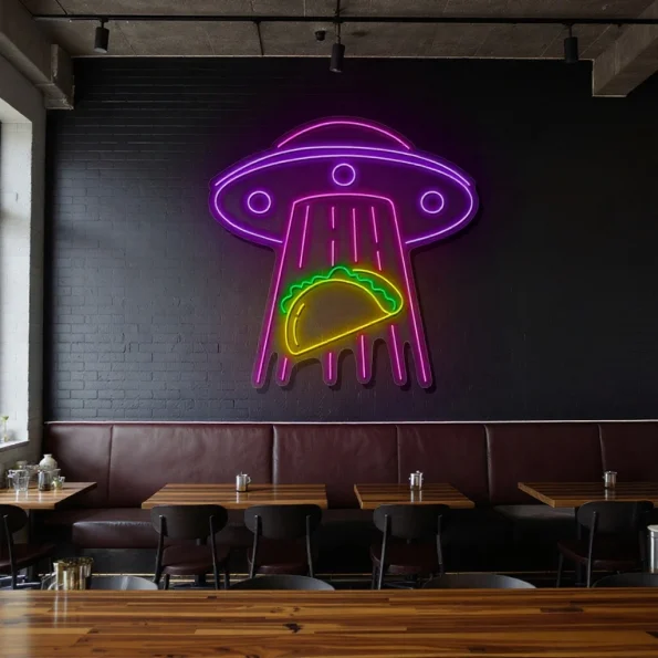 neon sign ufo abduction with taco icon restaurant decor 2
