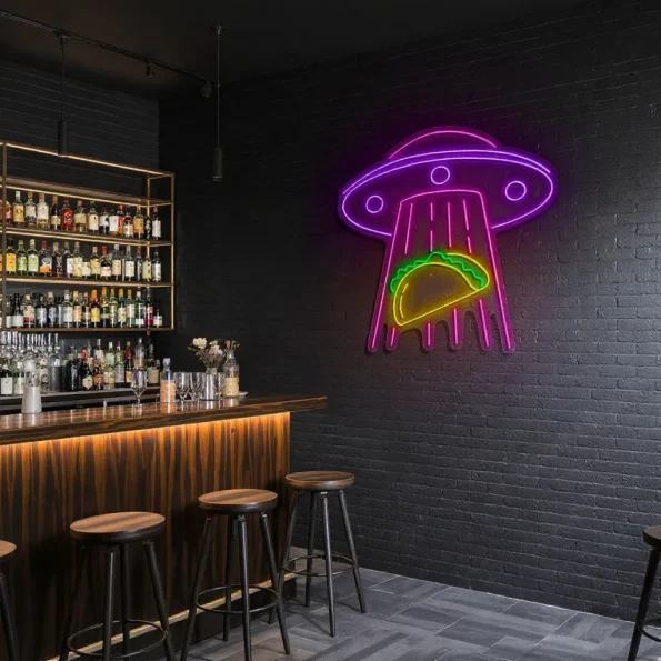 neon sign ufo abduction with taco icon restaurant decor 5