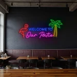 neon sign welcome to our patio flamingo & palm tree bar decor 1