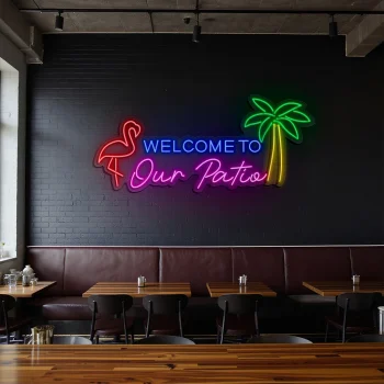 neon sign welcome to our patio flamingo & palm tree bar decor 2