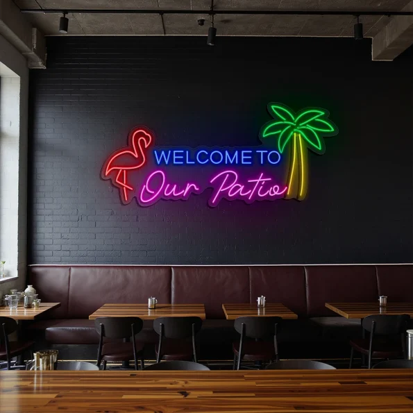 neon sign welcome to our patio flamingo & palm tree bar decor 2