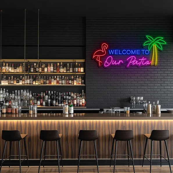 neon sign welcome to our patio flamingo & palm tree bar decor 3