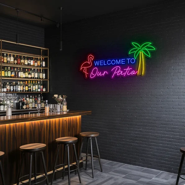 neon sign welcome to our patio flamingo & palm tree bar decor 4